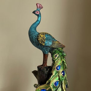 Peacock Figurine on Tree Stump Figurine /Colorful Display/ Statues Birds Resin/ Colorful Feathers/ Peacock Ornament/ Indoor Figurine
