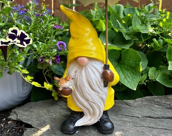 Garden Gnome Wearing Raincoat Holds Metal Umbrella Garden Yard Ornament /  Gnome Nome Village / Garden Decorations 12.5 inches H. Resin