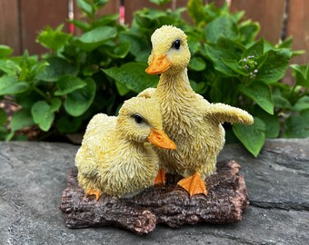 Two small Ducklings 5 inches High Figurines Resin / Pond or Fountain Decor/Garden Decoration/ Cute Baby Duck Statues playing