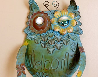 GARDEN DECOR METAL WELCOME SIGN WOODLAND OWL WELCOME SIGN 