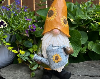 Garden Gnome with Sunflowers on Hat,  Holds Watering Can Garden Yard Ornament /  Gnome Nome Village / Garden Decorations/13 inches H. Resin