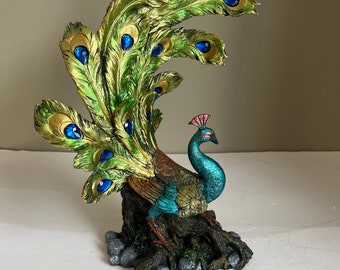 Peacock Figurine  /Colorful Display/ Statues Birds Resin/ Colorful Feathers With Crystals / Peacock Ornament/ Indoor Figurine 14 inches tall