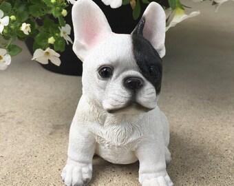 French Bulldog Small Puppy Figurine Dog Sitting  Resin Home and Yard Ornament, Frenchie Ready 2Play, Black Patch French Bulldog Statue,5 in.