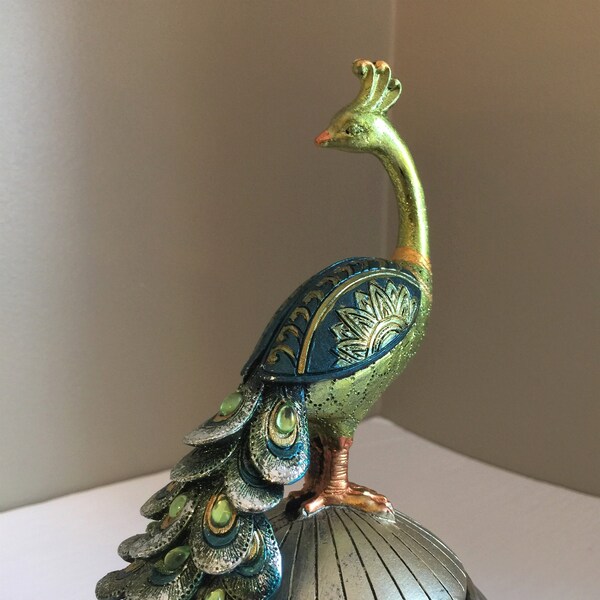 Peacock Figurine Sitting on Sphere Small Storage Trinket Box, Colorful Feathers,  Statues Birds Resin, Home Decoration,Peacock Bird 9 in.H.