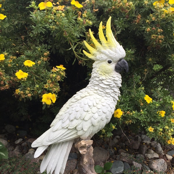 Cockatoo Bird Figurine on Tree Stump Home Garden Decoration Resin 15 inches H. Tropical Bird  Lovers Yard Ornament Home Decor Collectors Pet