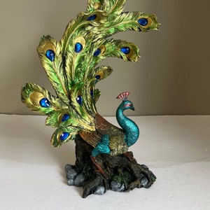 Peacock Figurine  /Colorful Display/ Statues Birds Resin/ Colorful Feathers With Crystals / Peacock Ornament/ Indoor Figurine 14 inches tall