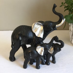 Elephant Family Figurine Resin Yard Ornament / Black Silver Ears/ Collectible 7 inches H x 6 inches W./ African Animal/ Elephant trunk up