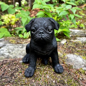 Black Pug Dog Sitting Statue Puppy Figurine  Realistic Details Pug Nose Garden Home Figurine  Inside and Outside 7.5 in. H