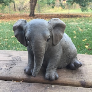 Baby Elephant Figurine Sitting Resin Yard Ornament Collectible 5.5 inches high "Chubby" African Animal Floppy Ears, Cute Little Fellow