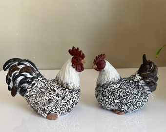 Rooster and Hen Set Home Decoration Statues, Farm Birds, Chicken, Country Kitchen Decoration Coq, Kitchen Ornaments Black White 6.75" x 5.5"