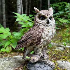 Long Eared Owl Standing on Tree  Stump/Garden Statue/ Garden Decoration/ Home Decor/ Owl Bird Sculpture/ Garden Ornament 8x6inches
