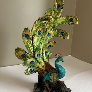 Metal Peacock Figurine Jewelry Box - Magnetic Door, Gemstones, New Open Box