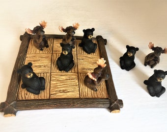 Moose and Black Bear Tic Tac Toe Garden/ Table Game Resin/Small Pieces/ Cottage Cabin Country /Patio Board Game Passes Time Brain Game 8 in.