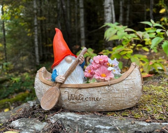 Garden Gnome Paddling a Canoe Welcome Gnome Fun Gift For Home or Garden Resin Yard Ornament Cottage Decoration Cute Outdoorsy Dwarf 8.5 in.