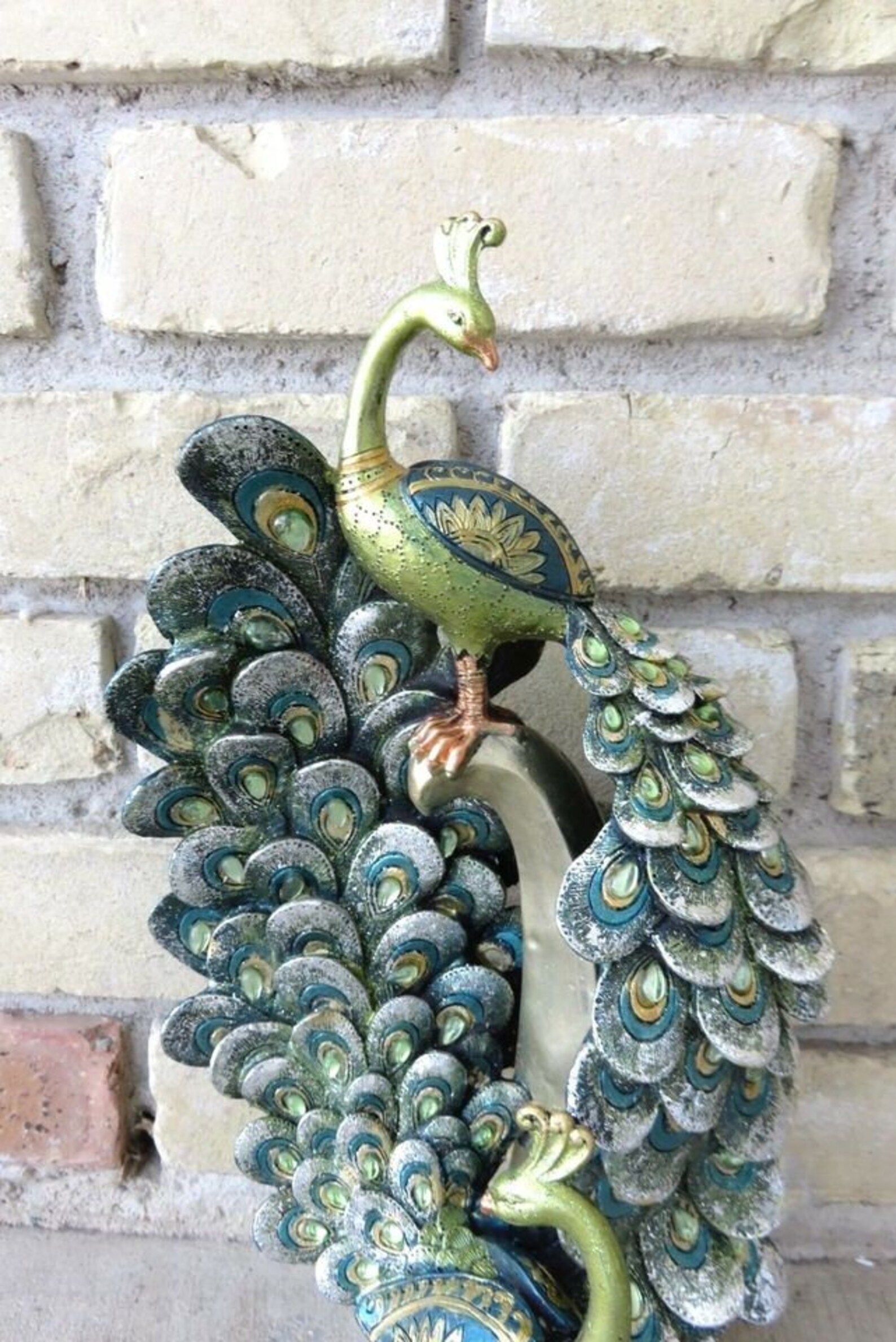 Peacock Figurine Two Peacocks With Colorful Display Statues Etsy