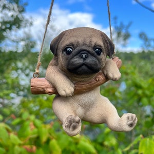 Pug Puppy  Dog Figurine Hanging on Swing  Yard Decoration Home Decor Tree Ornament Garden Decor Resin Jute Hanger Cute Pug Puppy Swinging