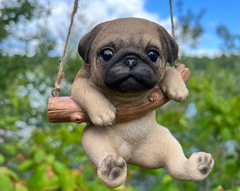 Pug Puppy  Dog Figurine Hanging on Swing  Yard Decoration Home Decor Tree Ornament Garden Decor Resin Jute Hanger Cute Pug Puppy Swinging