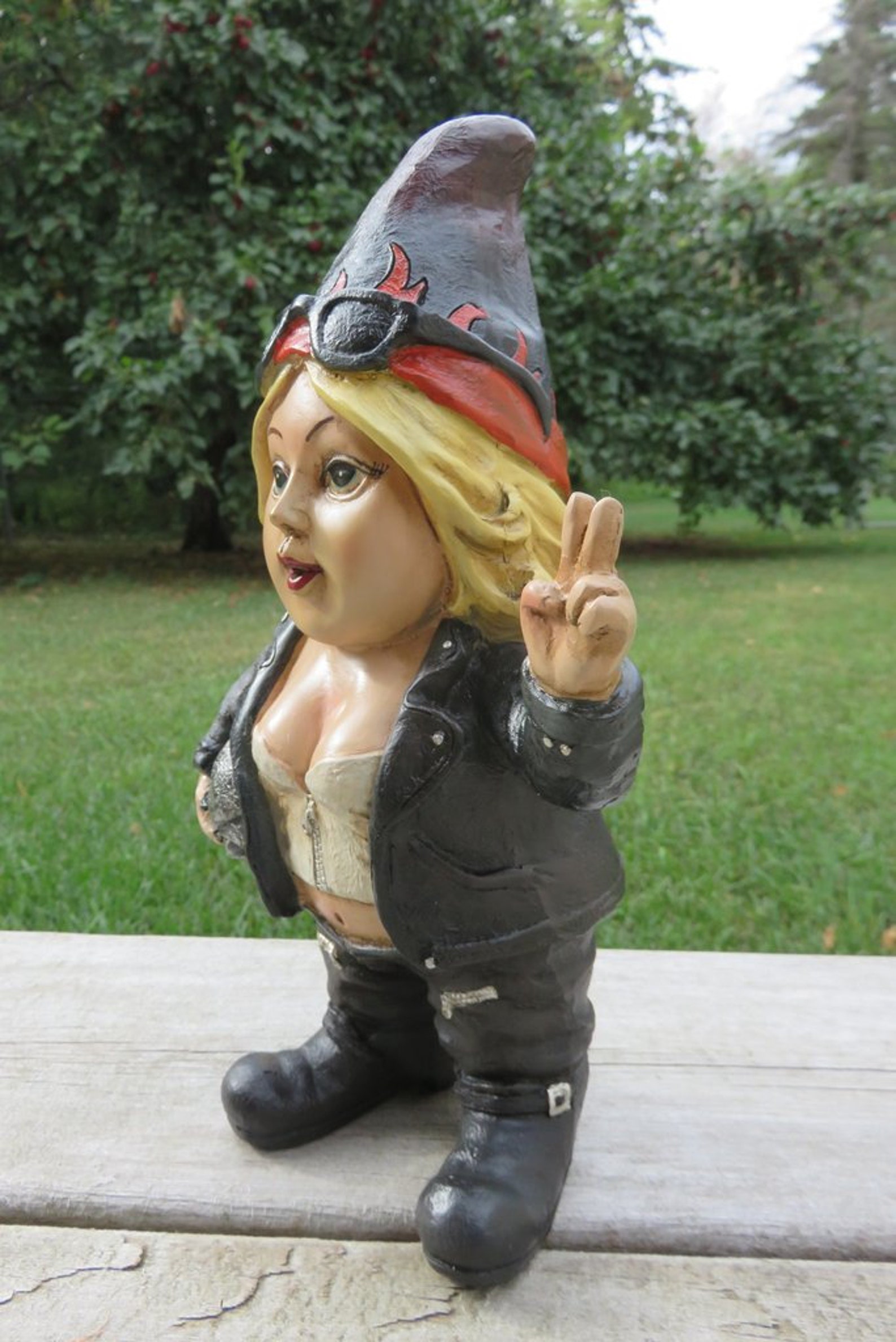 Lady Biker Garden Gnome Statue Leather Jacket Helmet Under Etsy