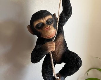 Chimpanzee Going for a Ride on Swinging Rope Playful  Monkey Home Yard Decoration Hanging on Rope  Resin Tropical  Animal  15.25 in. H