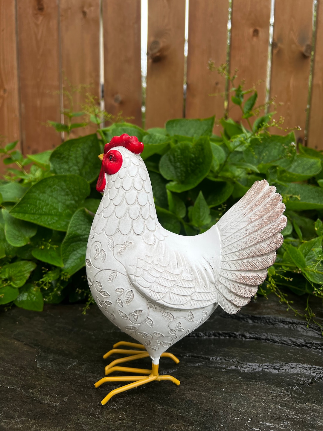 White Rooster Figurine Metal Feet, 9.5