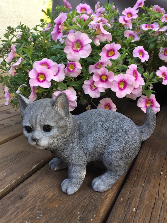 Blue Russian Cat Kitten Figurine Playful Feline Ornament 8.5 In