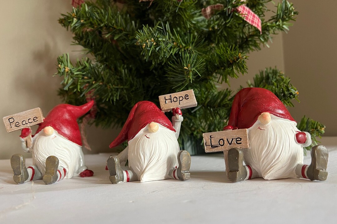 Christmas Gnomes Set of 3/ Resin Gnomes With Signs Hope Peace Etsy