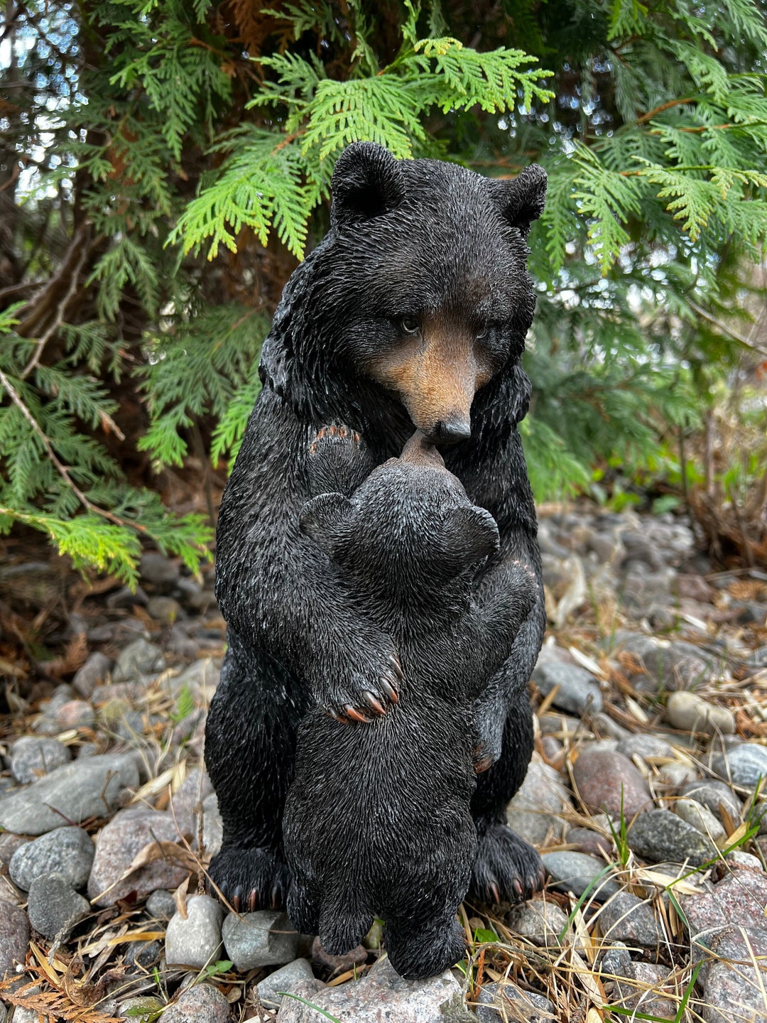Cuddling Black Bear Mom and Cub Statue/12 Inches High/ Cottage Cabin