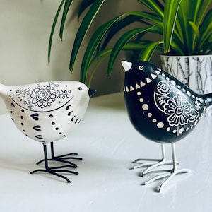 Folk Art Bird Figurines With Metal Legs /Black and White with Floral Accents/Folk Art Resin Birds/ Bird Ornaments Home Decor 5.25 in.H. Bird