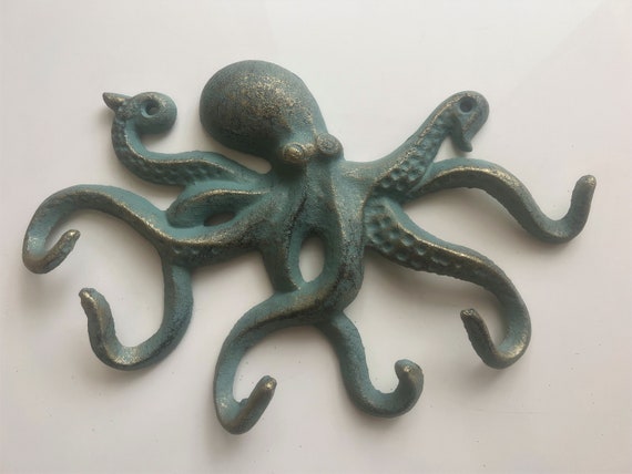 Metal Octopus Antique Verdigris Cast Iron Wall Hook Nautical Wall Decor  Cottage Beach Boat House Metal Hooks for Hanging Bathrobe 10 In. 