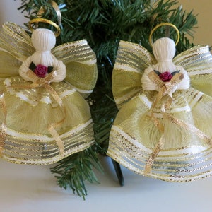 Christmas Tree Victorian Angels /4 inches Tree Decoration/ Gold Wired Ribbon Dress/ Totally Handmade in Canada / Christmas Ornaments