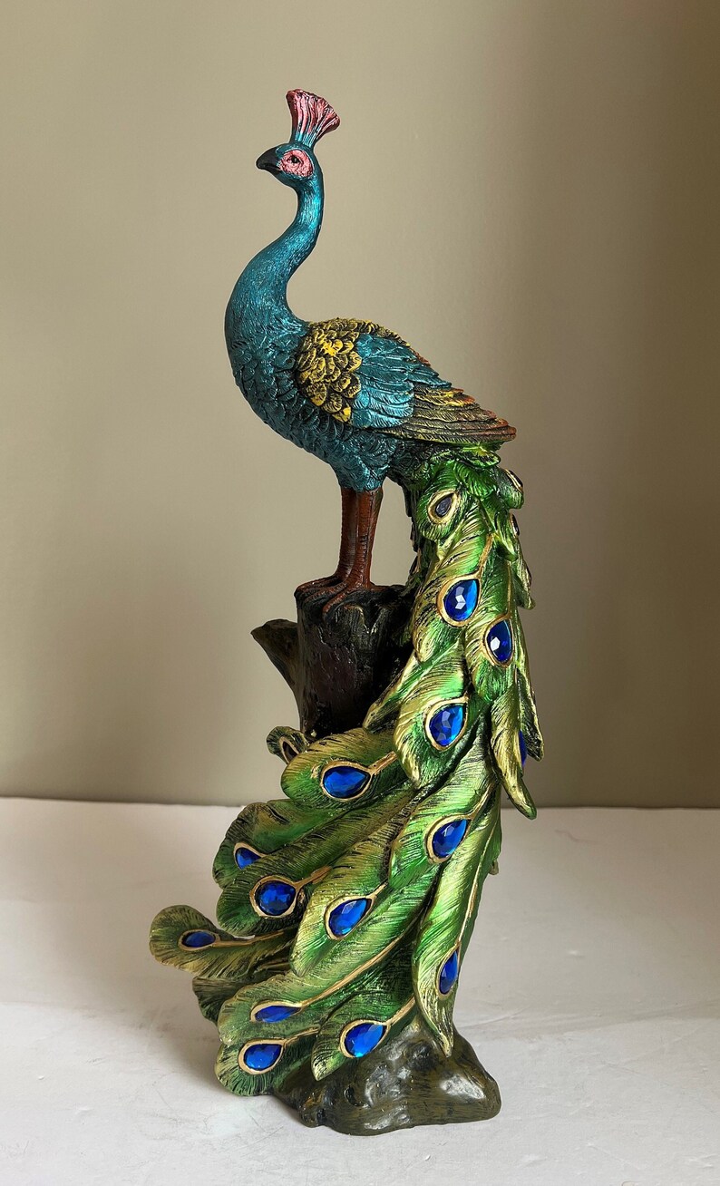 Peacock Figurine on Tree Stump Figurine /colorful Display/ Etsy
