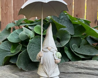 Garden Gnome with Umbrella Holds Snail in Hand Small 7.5 in Gnome Metal Umbrella Gnome Nome Village Garden Decorations Resin Total Height 10