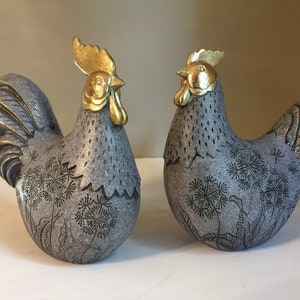 Rooster and Hen Set Home Decoration Statues, Farm Birds, Chicken, Country Kitchen Decoration, Coq, Kitchen Ornaments Gray  Gold Accents