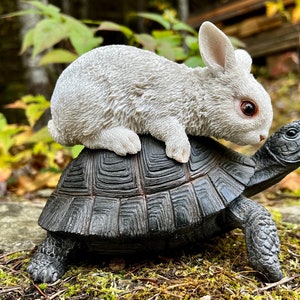 Tortoise and Hare  Playing Figurine Garden Statue Resin, Small Ornament Indoors Outdoors Decoration Aesop Tale Rabbit and Turtle/5.5 in. H.