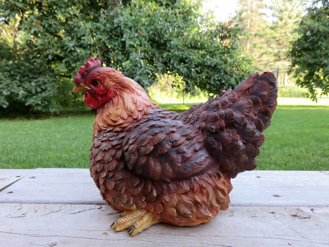 Hen Squatting Figurine Statue Birds Resin Colorful Feather Etsy