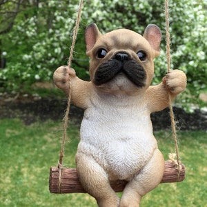 French Bulldog Figurine on Swing Ornament Yard Decoration Indoor Outdoors Dog Figurine  Tree Ornament Resin Frenchie 5.7in. H.+ rope Brown