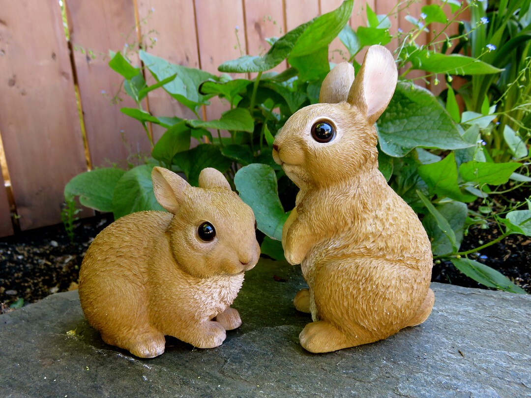 Rabbit Bunny Set of Two Small Bunnies Figurine Standing and Sitting Garden Statues Resin Yard ...