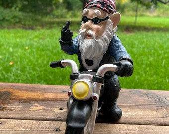 Resin Naughty Garden Gnome Axle Grease The Biker Garden Gnome Motorcycle Statue,Polyresin,Full Color 
