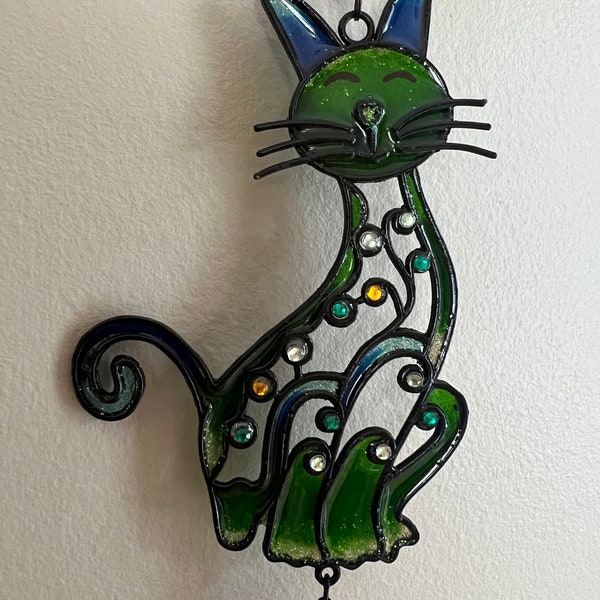 Green and Blue Cat Wind Chime / Garden Yard Patio Decoration / Metal with Epoxy Body / Windchimes/ 4 inch Cat Body with 29 inches total