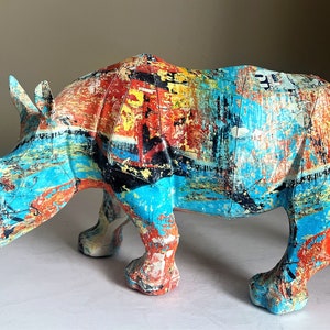 Rhinoceros Figurine 13.25 in. Wide Collectible/ Ornament /African Table Decoration Collection/ Solid Resin Figurine/ Multi Colored Extinct