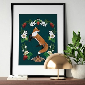 FOX FINE Art PRint, Red Fox & Strawberries illustration: Cottage core Nature wall decor