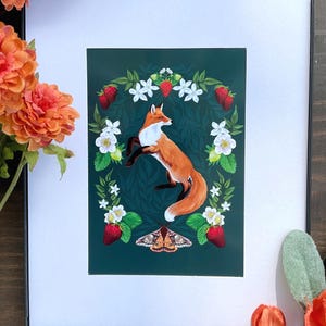 FOX PRINT, Red Fox & Strawberries illustration,  Cottage core Nature art (5x7 inches)