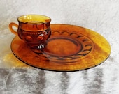 Amber Kings Crown Thumb Print Snack Plate and Cup from Indiana Glass (2 pieces)