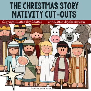 May include: A set of colorful paper cutouts depicting characters from the Nativity story, including Mary, Joseph, baby Jesus, the three wise men, shepherds, and animals. The cutouts are perfect for creating a Christmas scene or for use in a classroom.