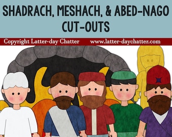 Pode incluir: Figuras recortadas de Sadraque, Mesaque e Abednego, com uma figura de anjo branca, de pé em frente a um forno de fogo. As figuras são coloridas e têm traços faciais simples. O texto "SHADRACH, MESHACH, & ABED-NAGO CUT-OUTS" está no topo da imagem. O texto "Copyright Latter-day Chatter www.latter-daychatter.com" está abaixo das figuras. O texto "Not for commercial use Personal and Church Use Only" está na parte inferior da imagem.