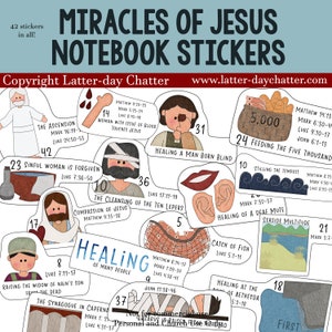 May include: A set of 42 colorful stickers featuring illustrations of miracles performed by Jesus. Each sticker includes a scripture reference and a number. The stickers are perfect for adding a touch of faith to notebooks, journals, planners, and more.