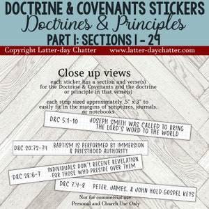 Op de afbeelding: Een set bedrukbare stickers met verzen en leerstellingen uit de Leer en Verbonden. De stickers zijn ontworpen om te passen in de marges van heilige geschriften, dagboeken of notitieboekjes. De tekst op de stickers omvat LV 5:1-10, LV 20:72-74, LV 28:6-7 en LV 7:4-8.