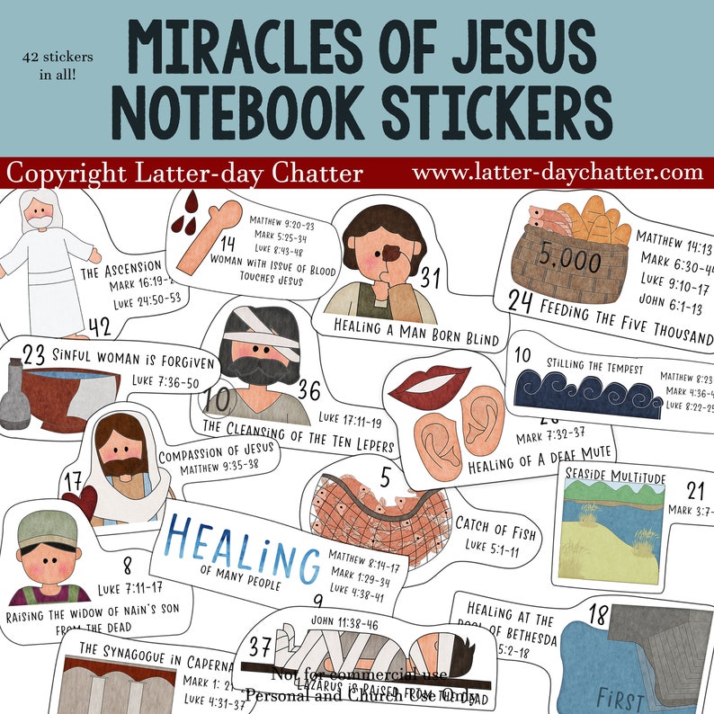 May include: A set of 42 colorful stickers featuring illustrations of miracles performed by Jesus. Each sticker includes a scripture reference and a number. The stickers are perfect for adding a touch of faith to notebooks, journals, planners, and more.