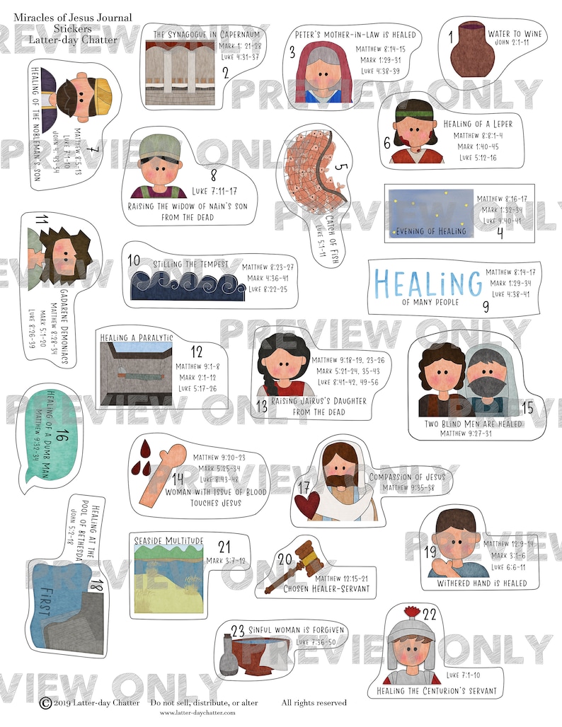 May include: A set of 23 colorful stickers featuring illustrations of miracles performed by Jesus. Each sticker includes the name of the miracle, the corresponding Bible verses, and a colorful illustration. The stickers are perfect for use in a journal, planner, or scrapbook.