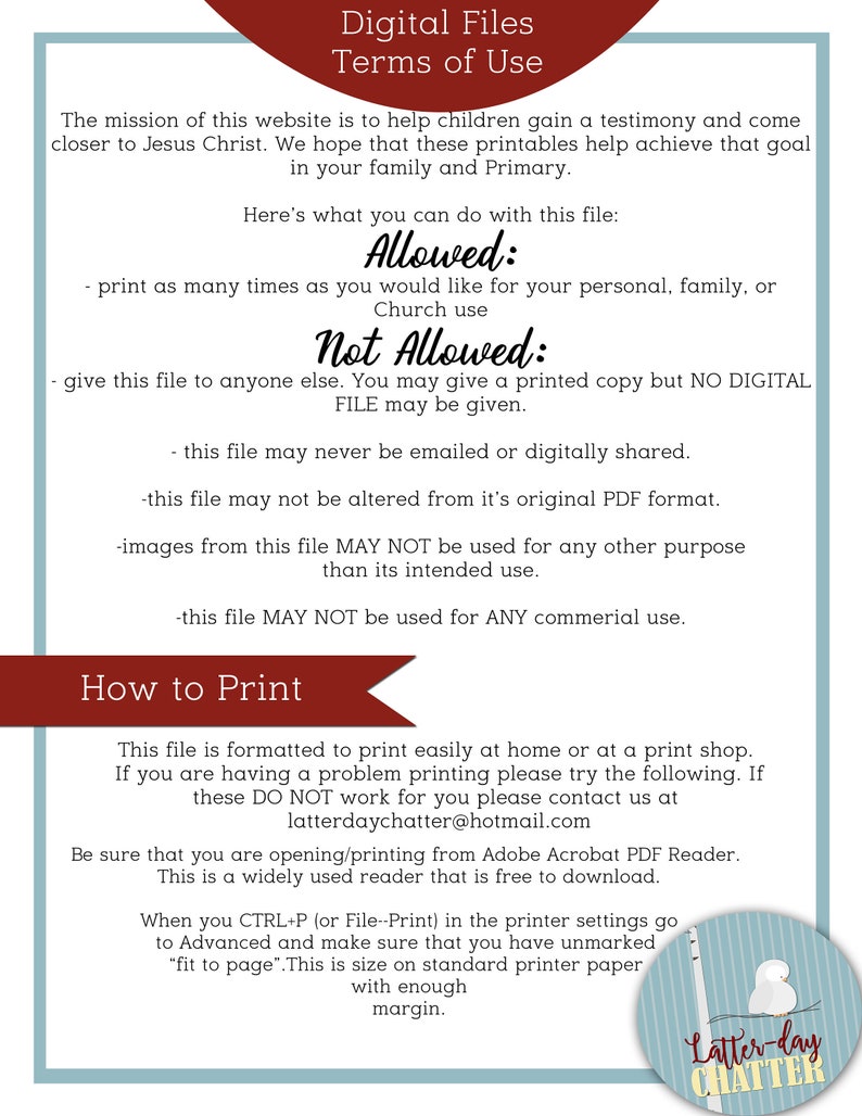 May include: A blue and white printable document with the title "Digital Files Terms of Use". The document outlines the terms of use for a digital file, including what is allowed and not allowed. The document also includes instructions on how to print the file.